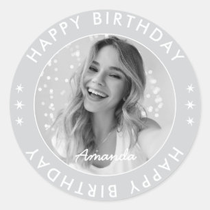 Modern Minimalist Simple Grey Happy Birthday Photo Classic Round Sticker