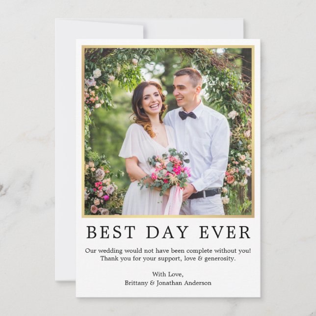 Modern Minimalist Simple Photo Best Day Ever Gold Thank You Card (Front)