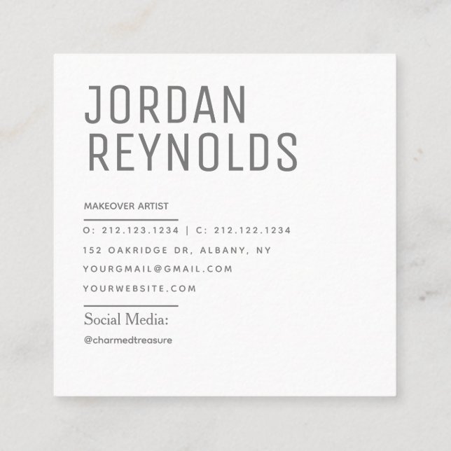 Modern Minimalist Simple Professional Photo Square Square Business Card (Back)