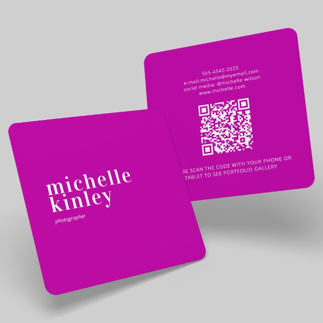 Modern minimalist simple QR code personal magenta Square Business Card (Creator Uploaded)