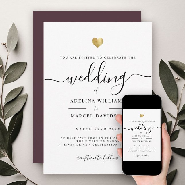 Modern Minimalist Simple Script Calligraphy Gold Invitation (Wedding invitation featuring elegant script with a gold heart on a white card)