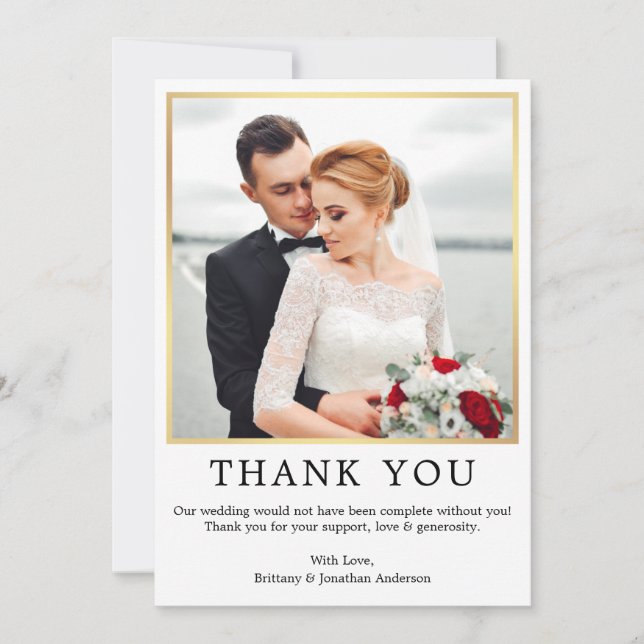 Modern Minimalist Simple Wedding Photo Gold Thank You Card (Front)