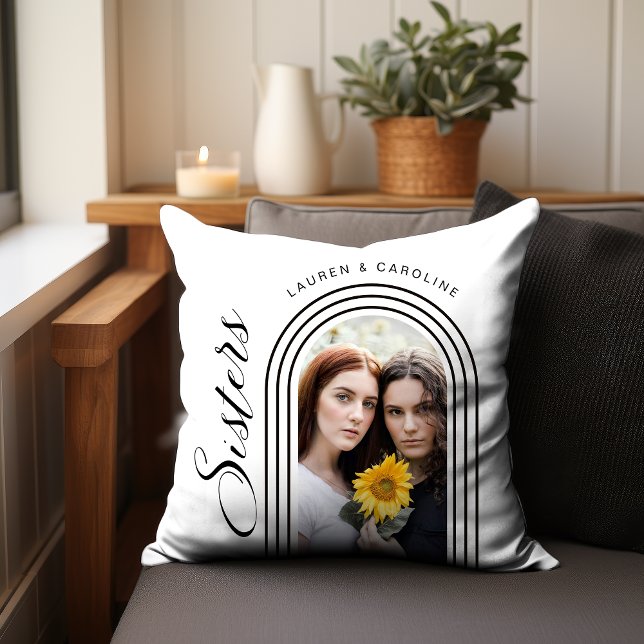 Modern Minimalist Sisters Photo Arch Cushion (Personalize with your photo and names for a thoughtful gift.)