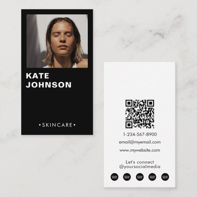 Modern Minimalist Skincare Photo QR Code Black Business Card (Front/Back)