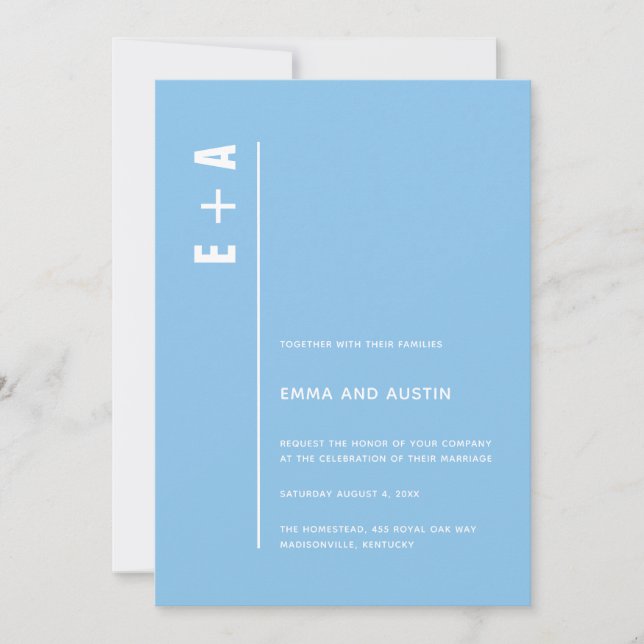 Modern Minimalist Sky Blue Bold Initials Wedding Invitation (Front)