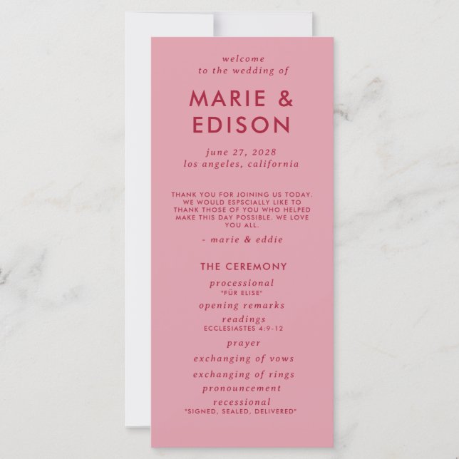 Modern Minimalist Sleek Simple Wedding Program (Front)