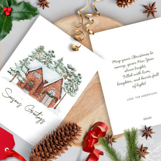 Modern Minimalist Snowy Cottage Flat Christmas Holiday Card