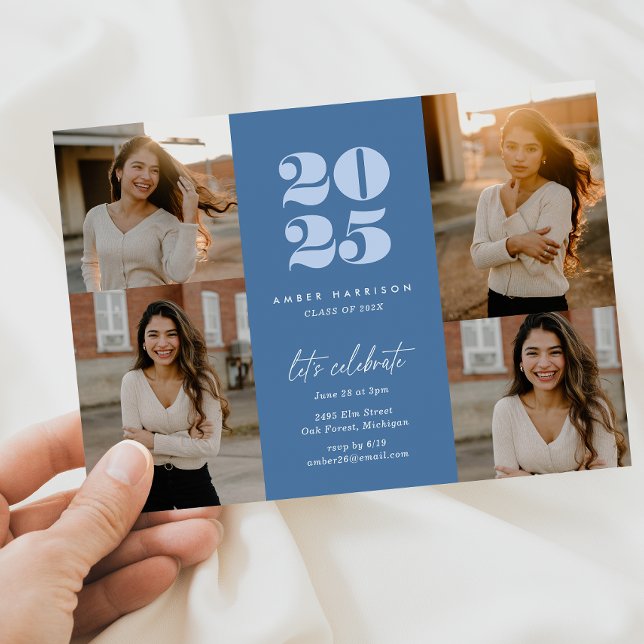 Modern Minimalist Soaring Grad | Royal Blue Photo Invitation (Modern Minimalist Soaring Grad | Royal Blue + Light Blue Photo Invitation)