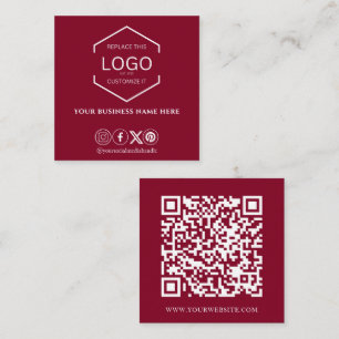 Modern Minimalist Social Media QR Code Burgundy Square Business Card