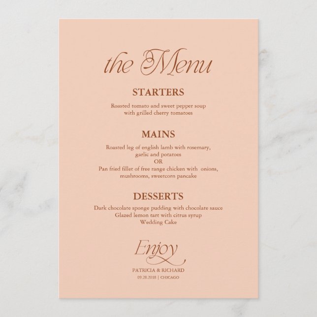 Modern Minimalist Soft Peach Wedding Menu (Front)