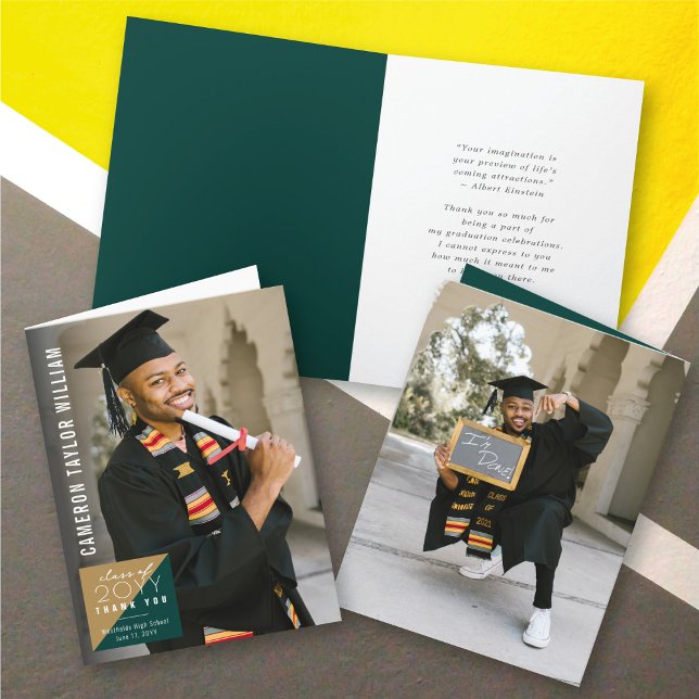 Modern Minimalist Split Square Photo Graduation Thank You Card (Modern Minimalist Split Green/Gold Square Photo Graduation Thank You Card @ zazzle.com/color_therapy)