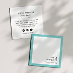 Modern Minimalist Square Business Cards | Aqua<br><div class="desc">Simple and professional square business cards feature your name and title or occupation in the lower right corner,  framed by a chic turquoise aqua border. Add your contact information to the reverse side. Includes three social media icons and a field for your username.</div>