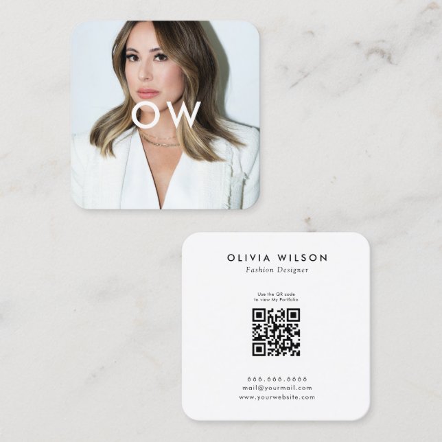 Modern Minimalist Square Monogram Photo Business Card (Front/Back)