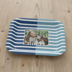 Modern Minimalist Striped 30th Birthday Photo Paper Plate