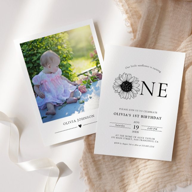 Modern Minimalist Sunflower 1st Birthday Photo Invitation (Creator Uploaded)
