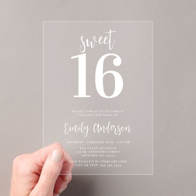 Modern Minimalist Sweet 16 Acrylic Invitations (Insitu (Handheld))
