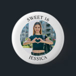 Modern Minimalist Sweet 16 Birthday Circle Photo 6 Cm Round Badge<br><div class="desc">Create your own personalised white border photo round button for your her 16th birthday. Customise the solid white background colour or the black text colour to match your photo. If you change the font type or size, you can fine tune the curvature of the text in small increments. Have fun...</div>
