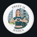 Modern Minimalist Sweet 16 Birthday Circle Photo Magnet<br><div class="desc">Create your own personalised white border photo round kitchen magnet for your her 16th birthday. Customise the solid white background colour or the black text colour to match your photo. If you change the font type or size, you can fine tune the curvature of the text in small increments. Have...</div>