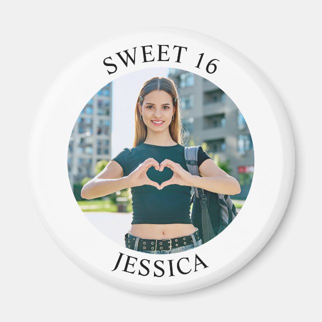 Modern Minimalist Sweet 16 Birthday Circle Photo Magnet (Front)