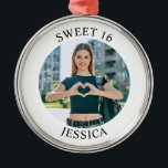 Modern Minimalist Sweet 16 Birthday Circle Photo Metal Tree Decoration<br><div class="desc">Create your own personalised white border photo round premium Christmas keepsake ornament for your her 16th birthday. Customise the solid white background colour or the black text colour to match your photo. If you change the font type or size, you can fine tune the curvature of the text in small...</div>