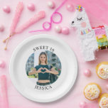 Modern Minimalist Sweet 16 Birthday Circle Photo Paper Plate<br><div class="desc">Create your own personalised white border round photo paper plates for your her 16th birthday. Customise the solid white background colour or the black text colour to match your photo. If you change the font type or size, you can fine tune the curvature of the text in small increments. Add...</div>