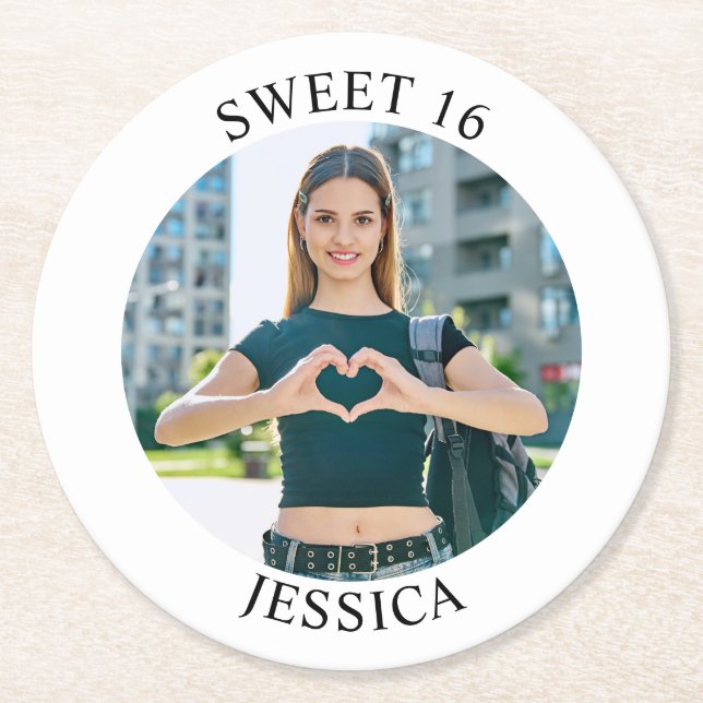 Modern Minimalist Sweet 16 Birthday Circle Photo Round Paper Coaster (Front)