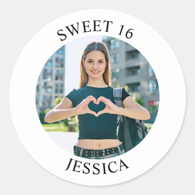 Modern Minimalist Sweet 16 Birthday Photo Classic Round Sticker (Front)