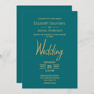 Modern Minimalist Teal Gold Wedding Invitation
