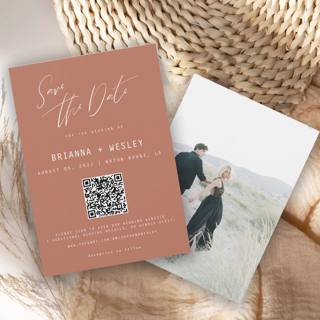 Modern Minimalist Terra Cotta QR Code Photo Sa Save The Date (Creator Uploaded)