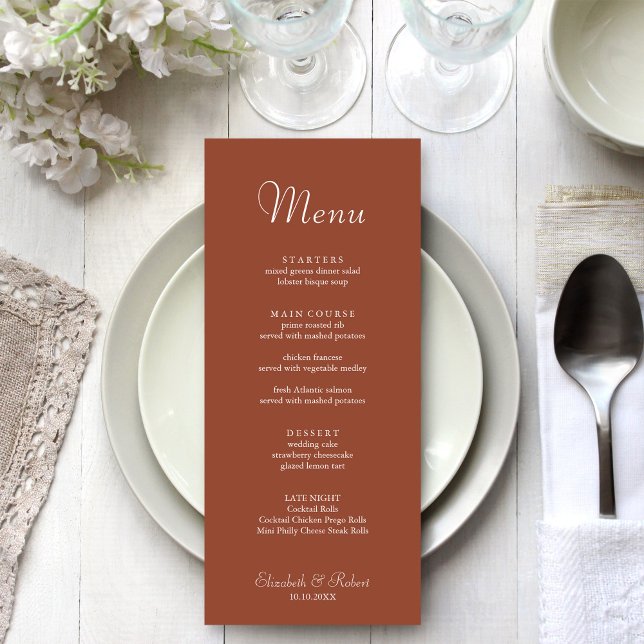 Modern Minimalist Terracotta Flat Menu (Modern Minimalist Terracotta Flat Menu on a beautiful white wedding dinner table.)