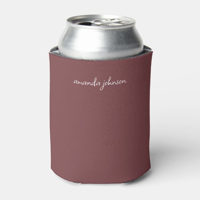 Modern Minimalist Terracotta Red Cursive Monogram Can Cooler (Can Front)