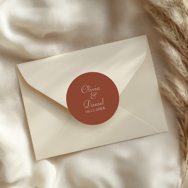 Modern Minimalist Terracotta Wedding Classic Round Sticker (Modern Minimalist Terracotta Wedding Classic Round Sticker on a wedding envelope.)