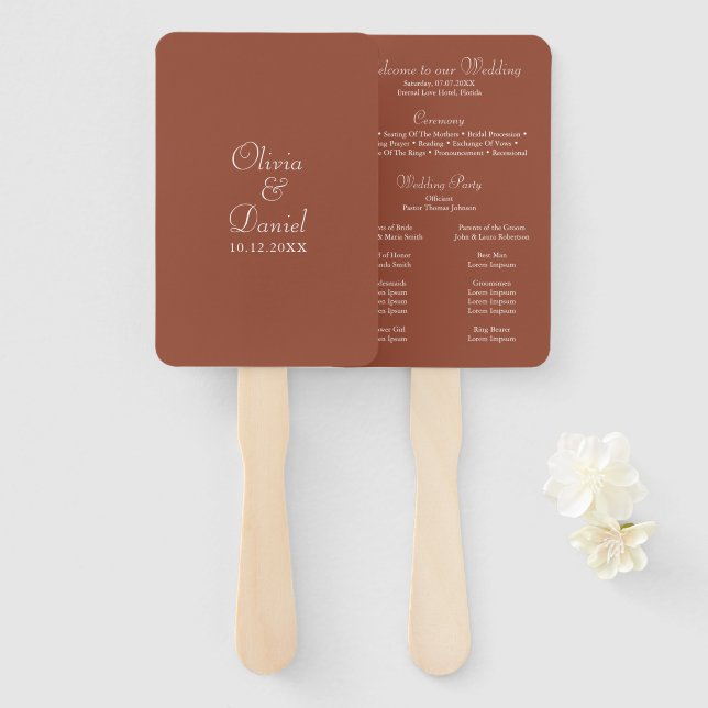 Modern Minimalist Terracotta Wedding Program Hand Fan (Front and Back)