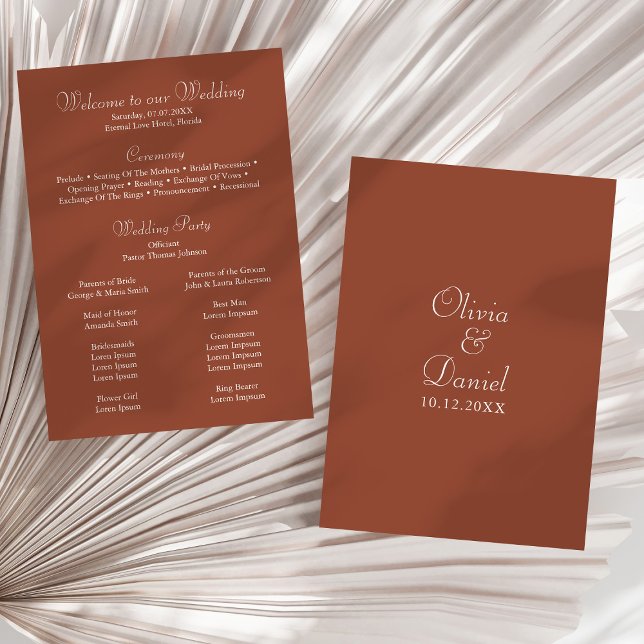 Modern Minimalist Terracotta Wedding Program Programme (Modern Minimalist Terracotta Wedding Program on a sunny white dry palm leaf.)