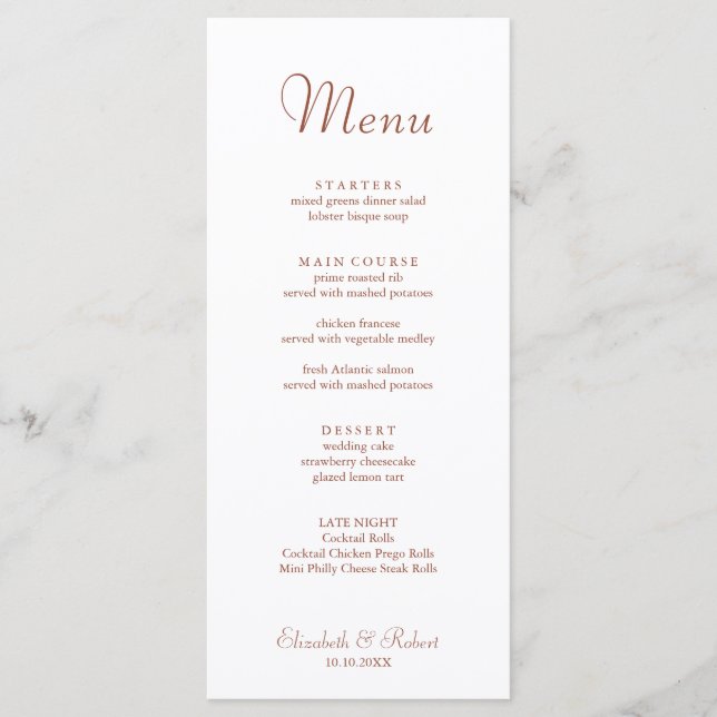 Modern Minimalist Terracotta White Wedding Menu (Front)