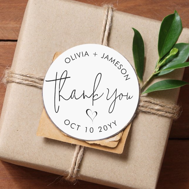 Modern Minimalist Thank You Script Heart Wedding   Classic Round Sticker (Creator Uploaded)