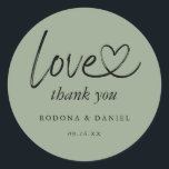 Modern Minimalist Thank You Wedding Sage Green Classic Round Sticker<br><div class="desc">Simple and modern minimalist thank you wedding sage green sticker with connecting heart in love.</div>