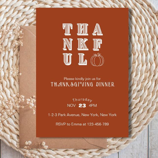 Modern Minimalist Thankful Thanksgiving Dinner Invitation (Boho Minimalist Elegant Thanksgiving Dinner Party Invitation. Simple rustic typography design. )