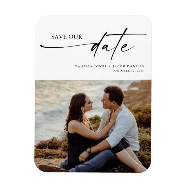 Modern Minimalist Thin Script Wedding Photo Save T Magnet (Vertical)