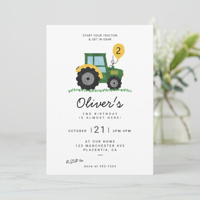 Modern Minimalist Tractor birthday Party Invitation (Standing Front)