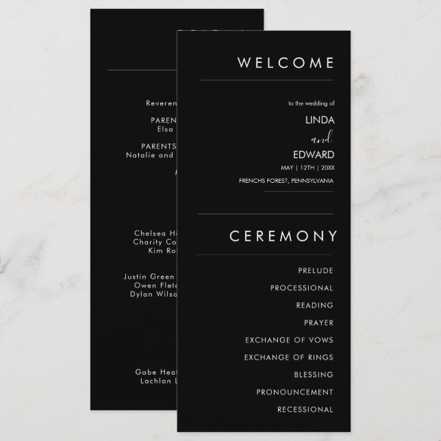 Modern Minimalist Traditional  Black Wedding Programme (Front/Back)