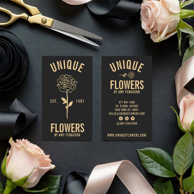 Modern minimalist trendy black gold rose flower business card (Modern minimalist trendy black gold rose flower)