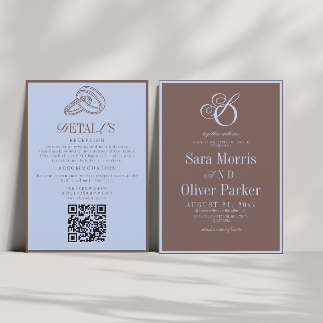 Modern Minimalist Trendy Brown & Blue Wedding Invitation (Creator Uploaded)