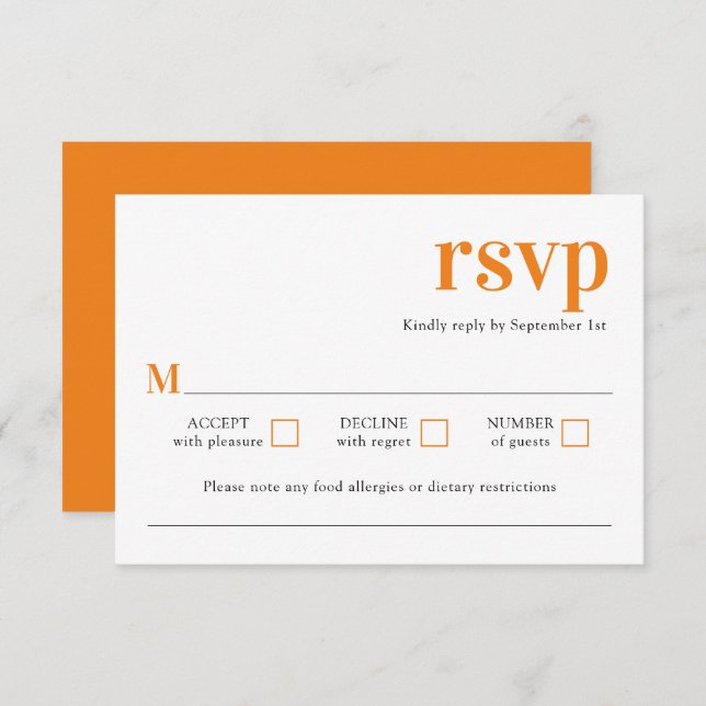 Modern Minimalist Trendy Orange Wedding RSVP Card (Front/Back)