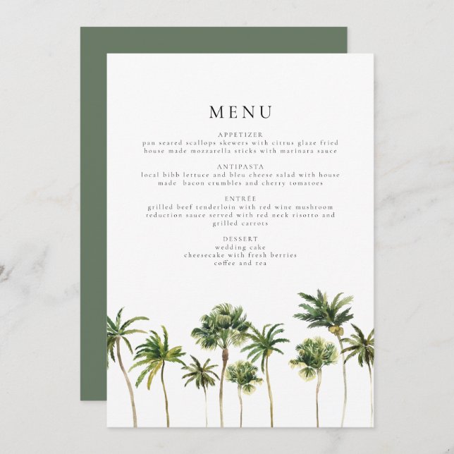 Modern Minimalist Tropical Palm Tree Dinner Menu Invitation (Front/Back)