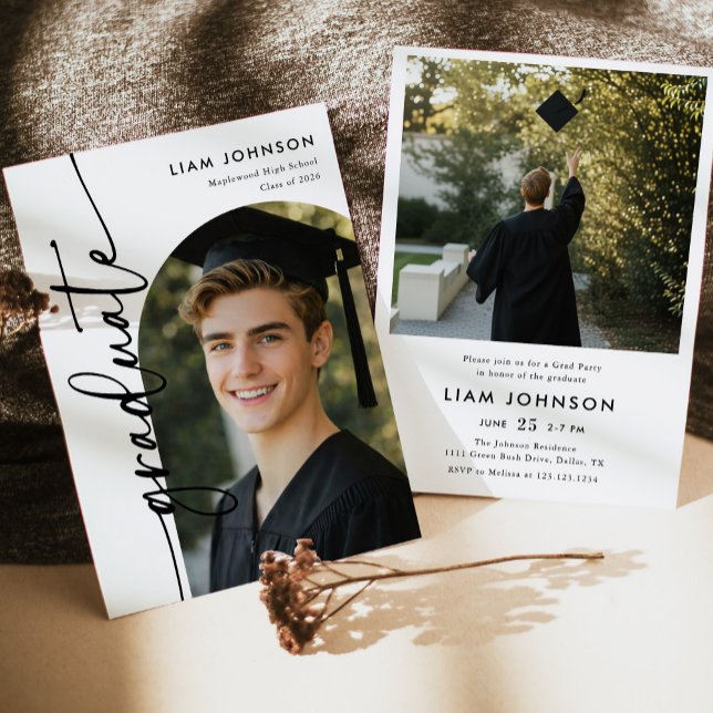 Modern Minimalist Two Photo Graduation Party Invit Invitation (Creator Uploaded)