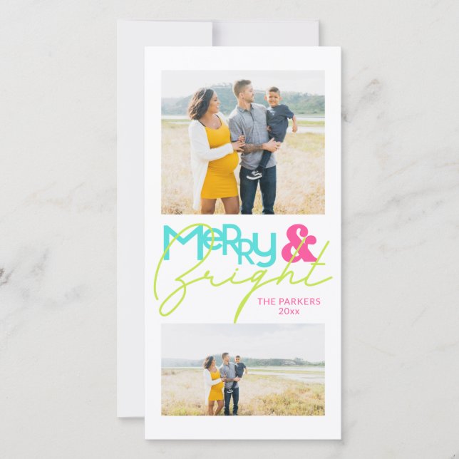Modern Minimalist Typography 2 Photo Merry Bright Announcement (Front)