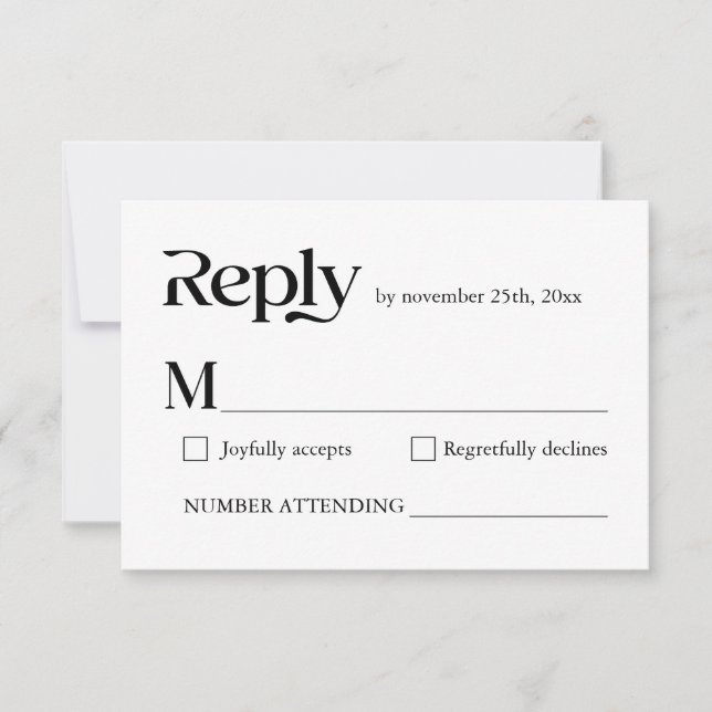 Modern Minimalist Typography Black White Weddin RSVP Card (Front)