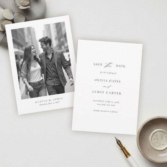Modern Minimalist Typography Calligraphy Wedding Save The Date (modern minimalist wedding photo save the date typography calligrahy black white city contemporary )