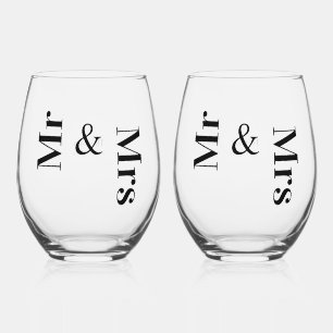 Modern Minimalist Typography Mr and Mrs Wedding  Stemless Wine Glass